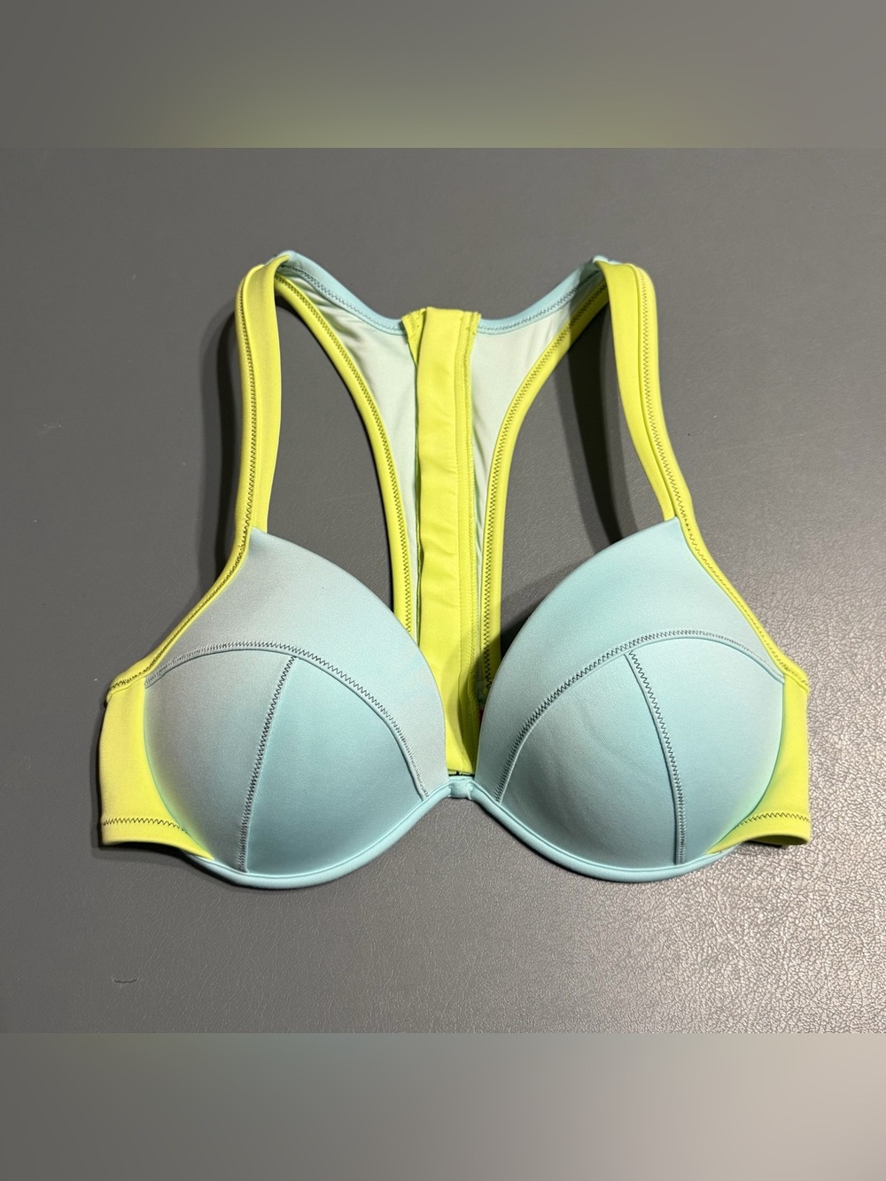 Victoria's Secret Neon Yellow & Blue Zip Back Bikini Top Size 36D